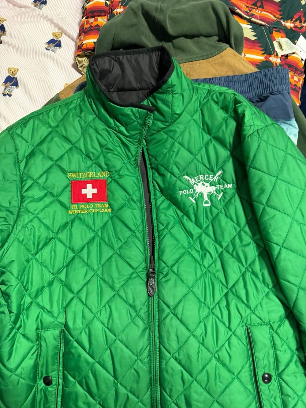 Mens Green Quilted Jacket - Switzerland Patch reversible